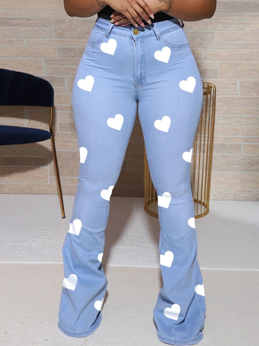 

Lovely Stylish Heart Print Baby Blue Jeans