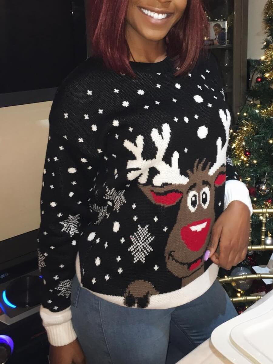 

Lovely Casual O Neck Cartoon Print Black Sweater