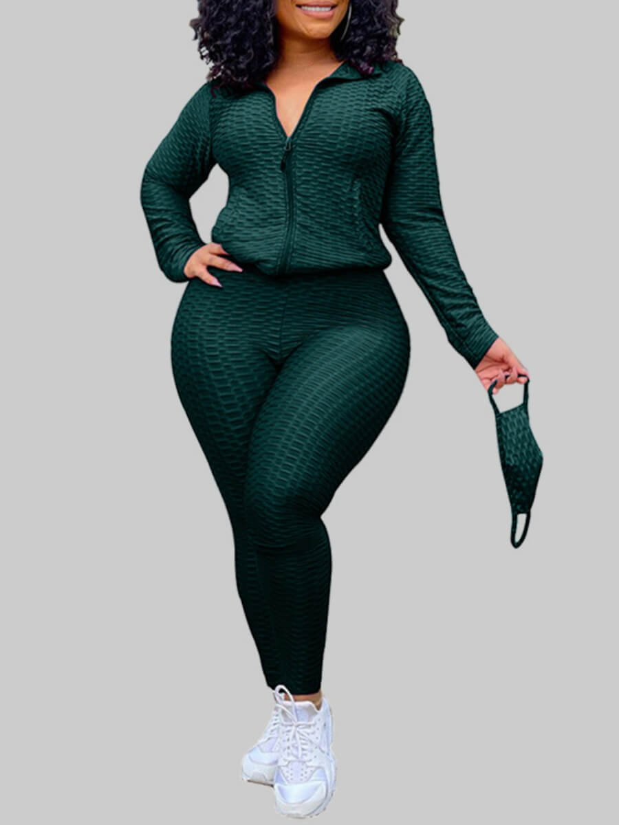 

Lovely Casual Turndown Collar Zipper Design Black Green Plus Size Two-piece Pants Set