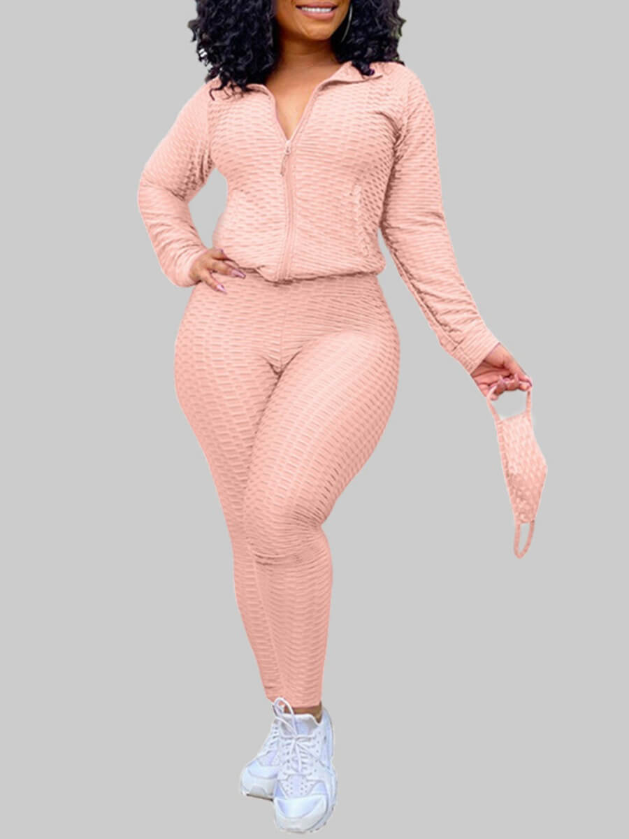 

Lovely Casual Turndown Collar Zipper Design Pink Plus Size Two-piece Pants Set