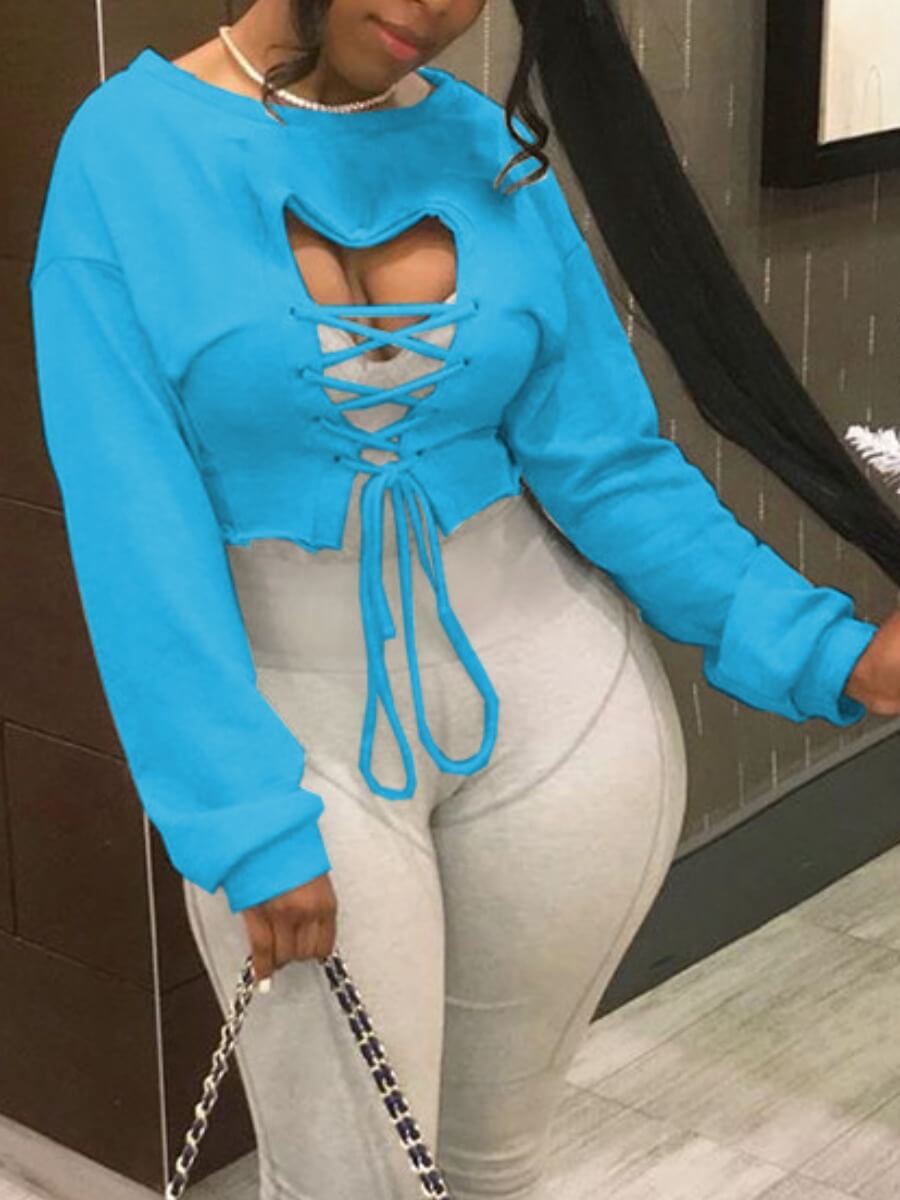 

Lovely Trendy O Neck Bandage Design Blue Hoodie
