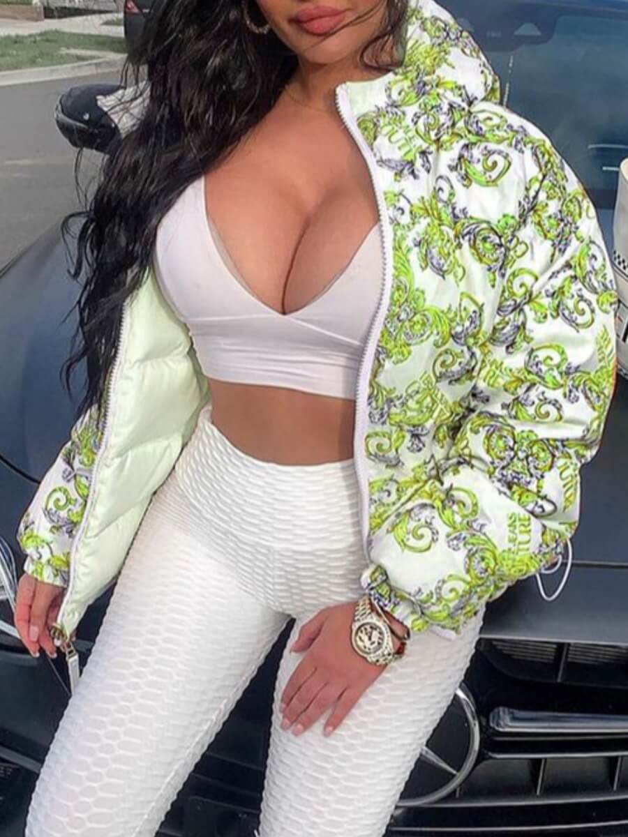 

Lovely Casual Turndown Collar Print Zipper Design Green Parka