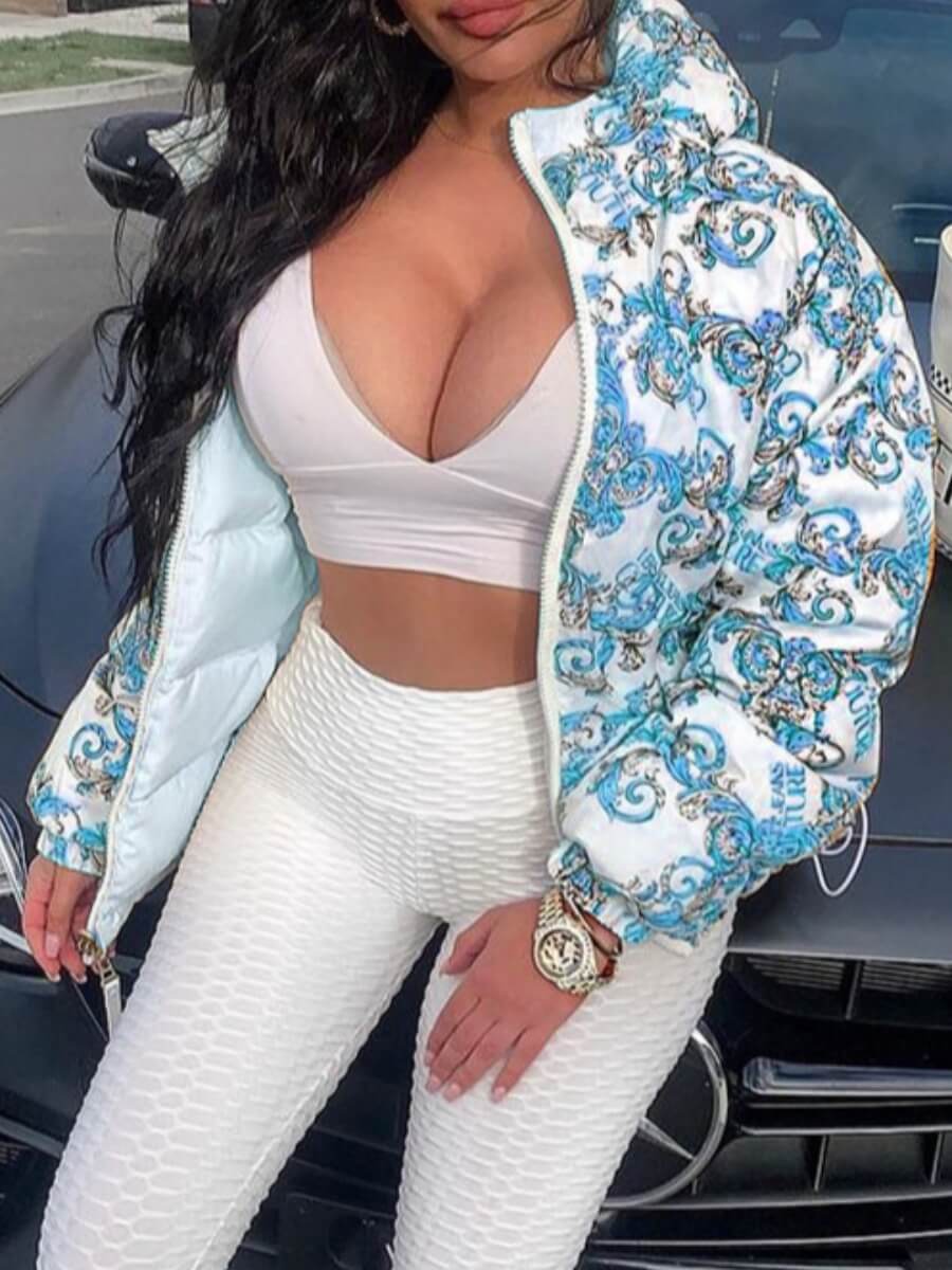 

Lovely Casual Turndown Collar Print Zipper Design Baby Blue Parka
