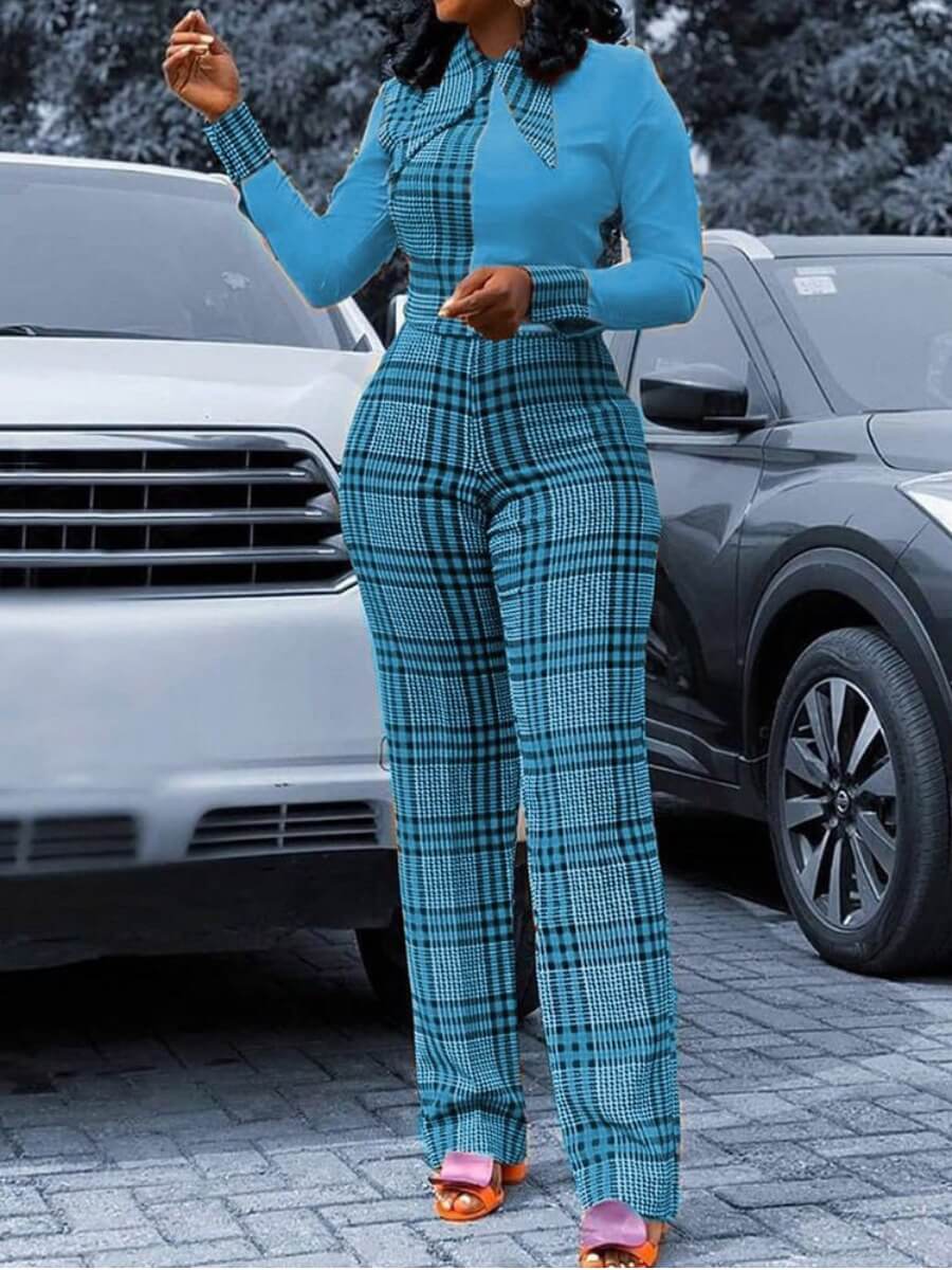 

Lovely Stylish Grid Print Patchwork Blue One-piece Jumpsuit