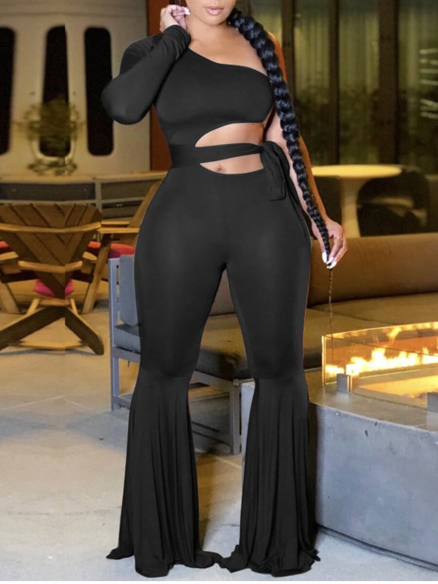 

Lovely Party One Shoulder Hollow-out Flare Hem Black One-piece Jumpsuit