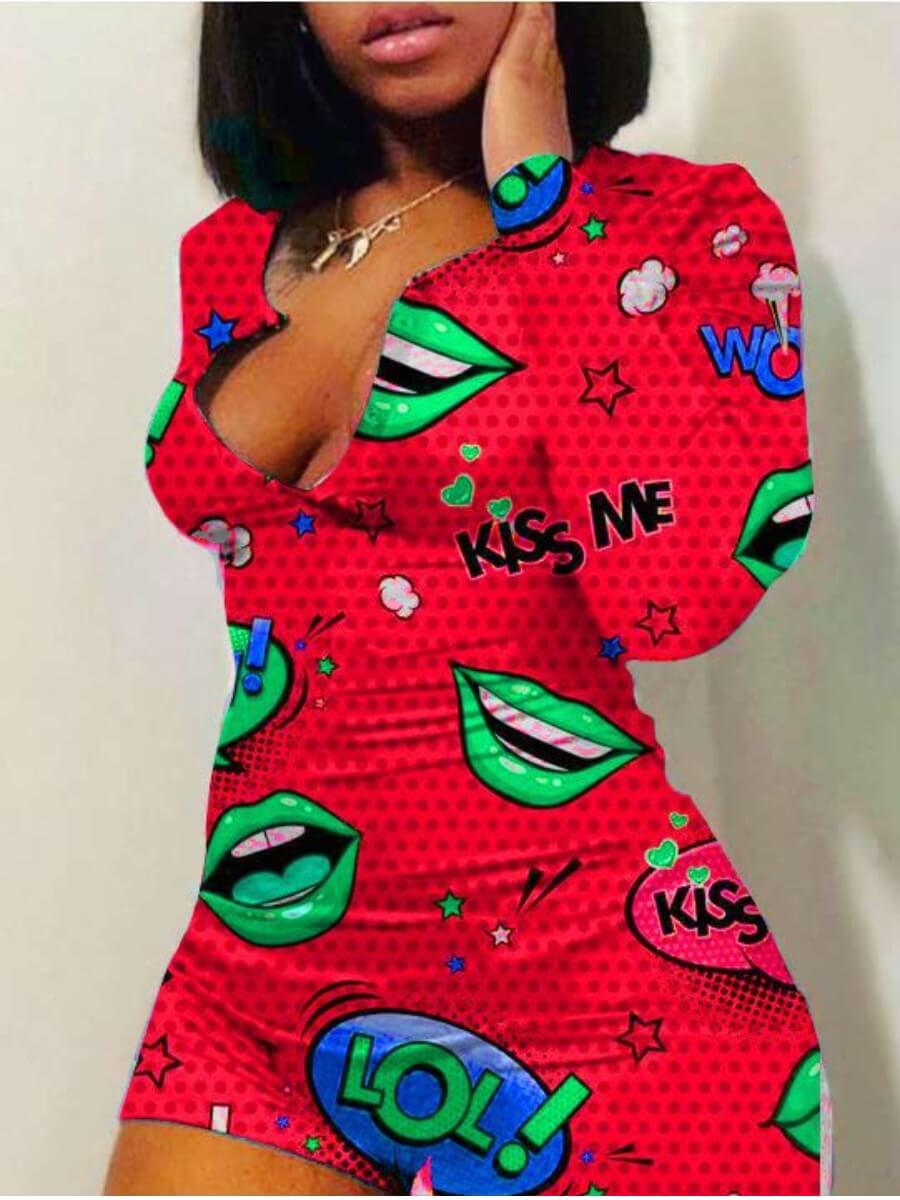 

Lovely Leisure Lip Print Red One-piece Romper