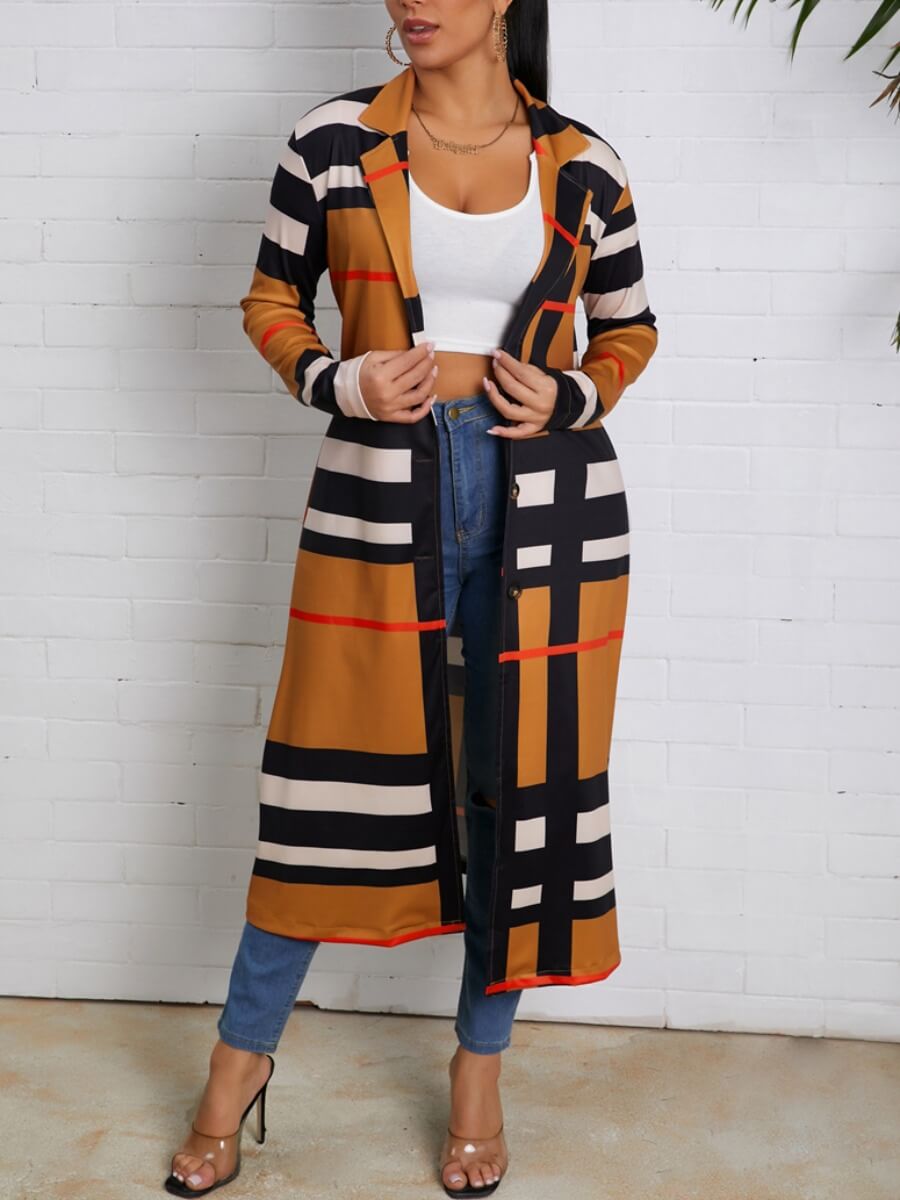 

Lovely Trendy Turndown Collar Print Khaki Trench Coat