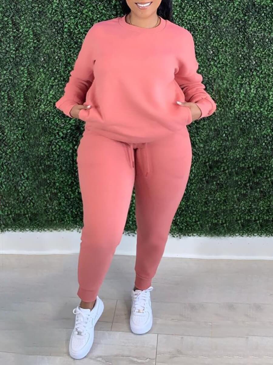 

Lovely Casual O Neck Long Sleeve Pink Plus Size Two-piece Pants Set