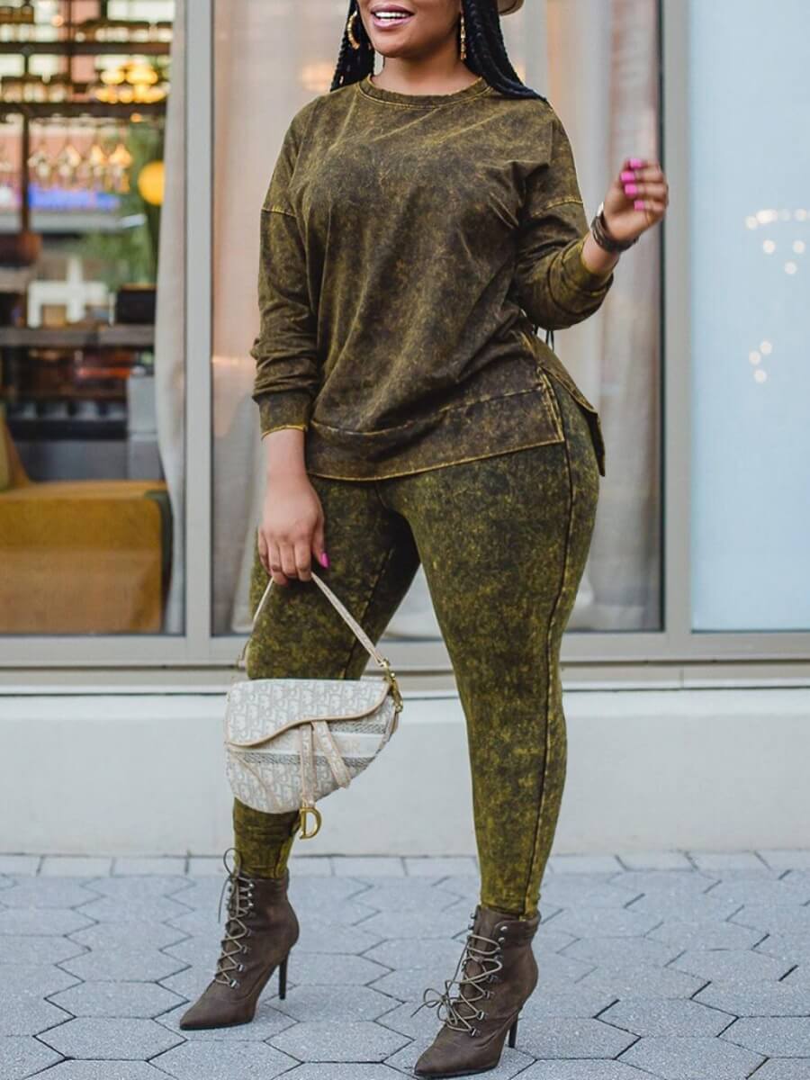 

Lovely Street O Neck Long Sleeve Army Green Plus Size Two-piece Pants Set