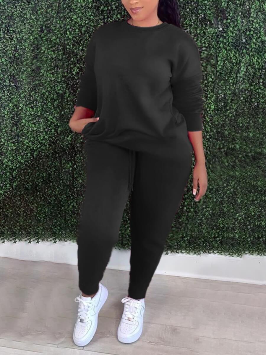 

Lovely Casual O Neck Long Sleeve Black Plus Size Two-piece Pants Set