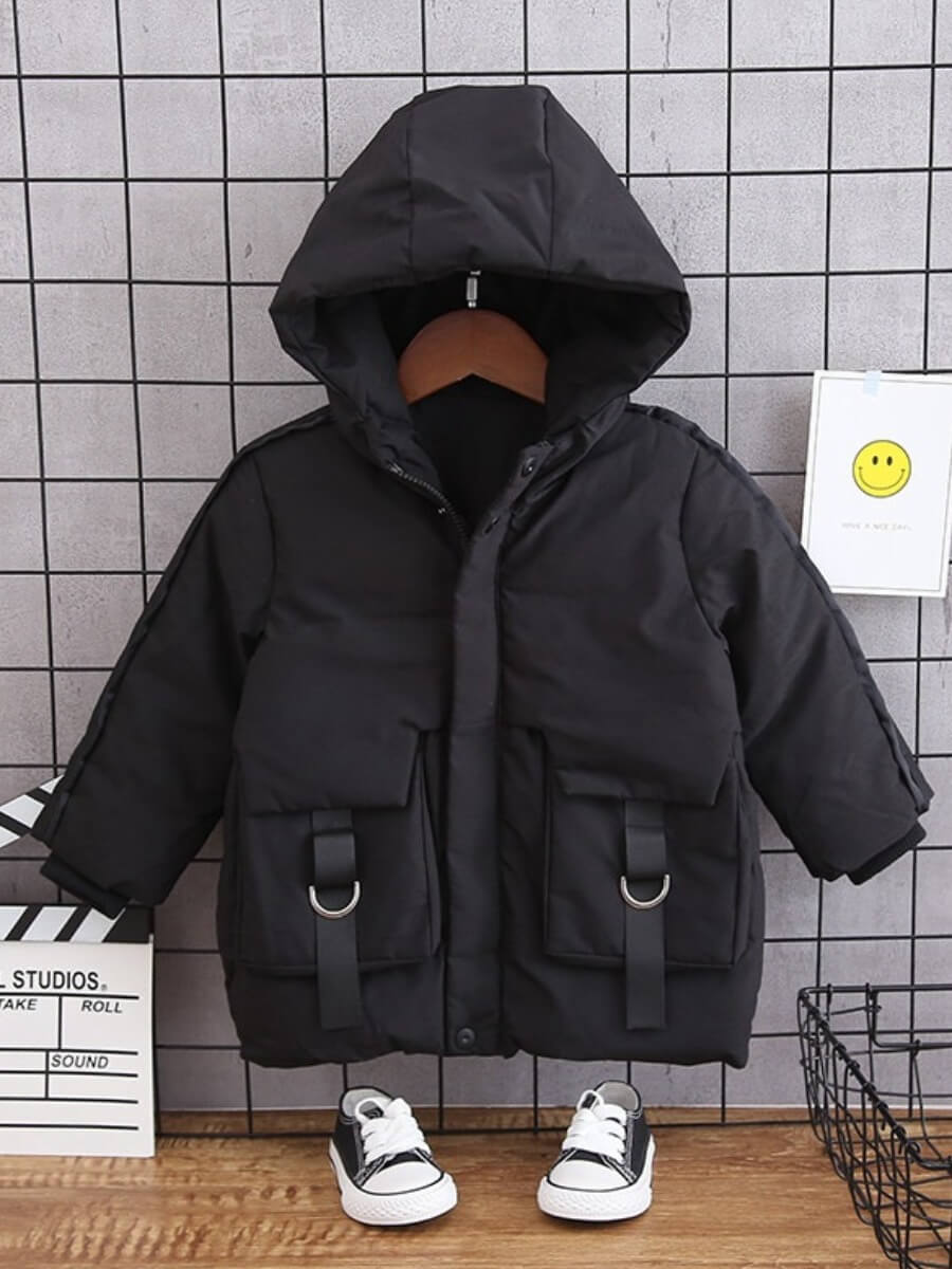 

Lovely Stylish Hooded Collar Pocket Patched Black Boy Parka
