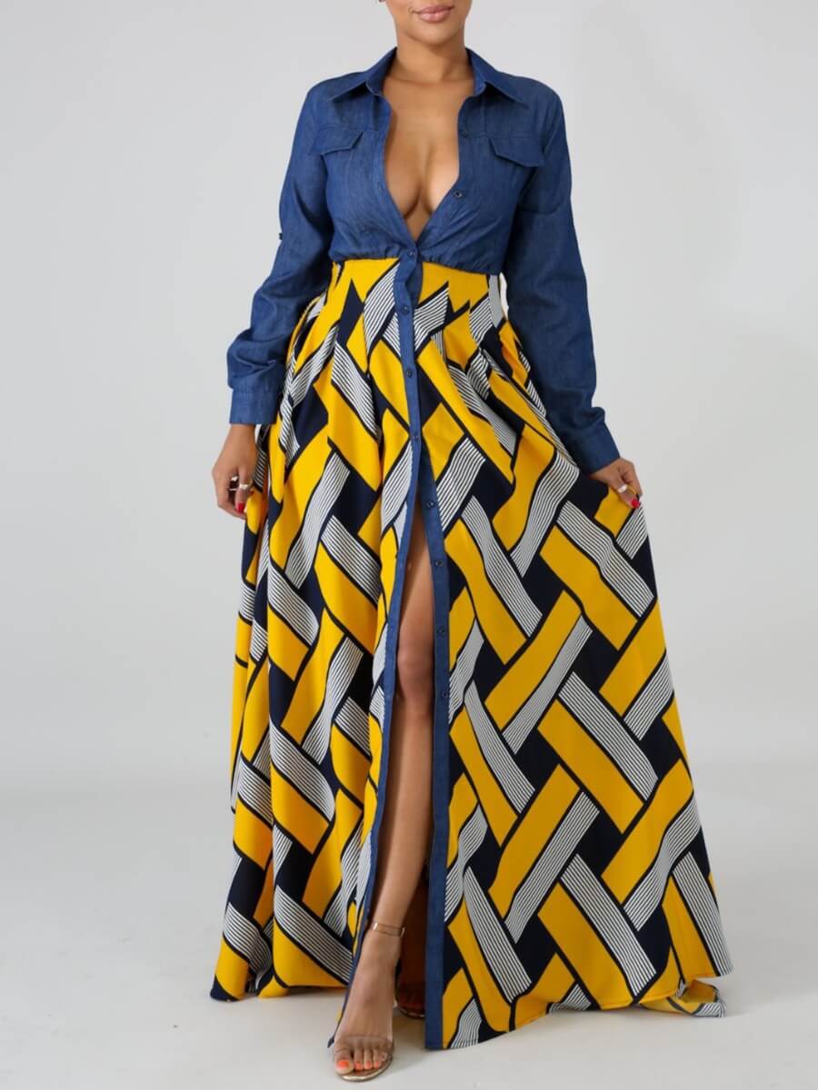 

Lovely Casual Turndown Collar Print Patchwork Yellow Maxi Denim Dress