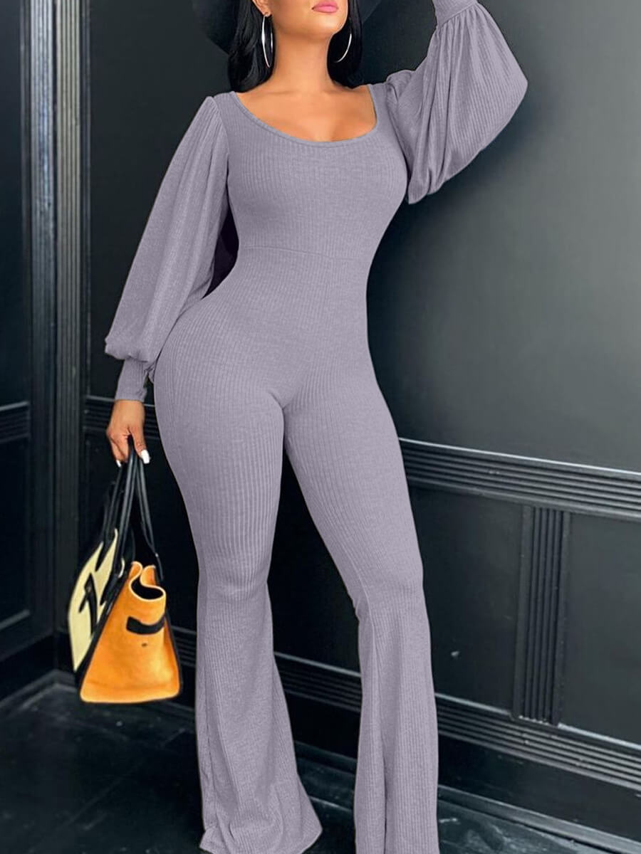 

Lovely Casual U Neck Puffed Sleeves Grey One-piece Jumpsuit