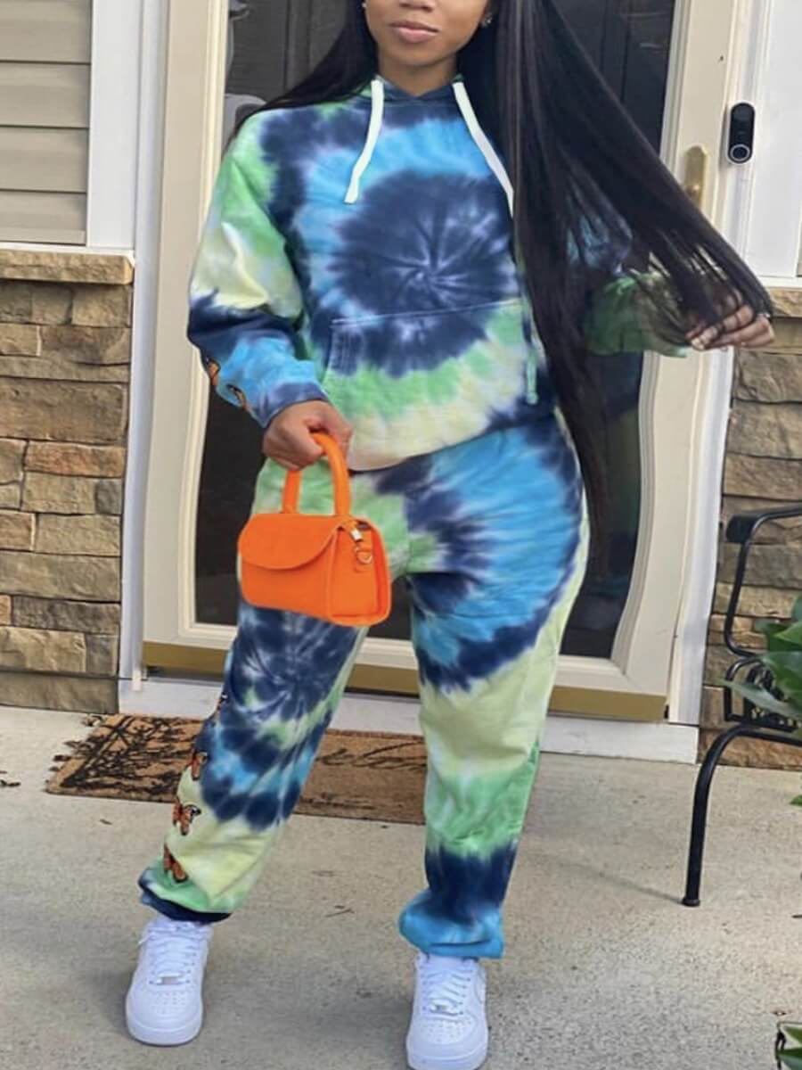 

Lovely Casual Hooded Collar Tie Dye Green Two Piece Pants Set