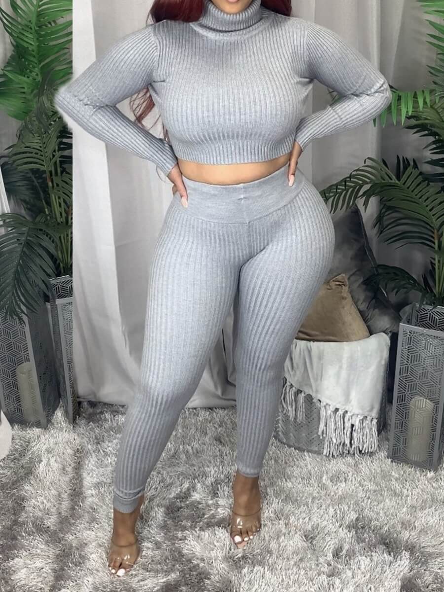 

Lovely Casual Turtleneck Long Sleeve Grey Two Piece Pants Set