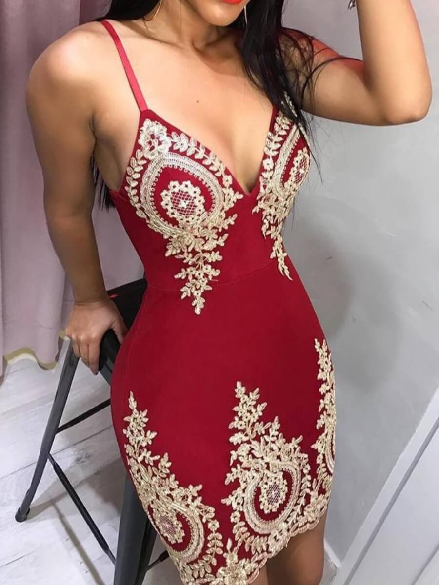 

Lovely Sexy Spaghetti Strap Sleeveless Print Red Mini Dress