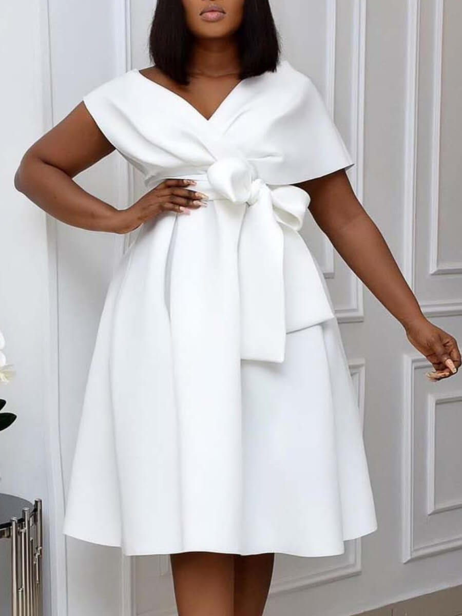 

LW Party V Neck Bow-tie A Line Prom Dress, White