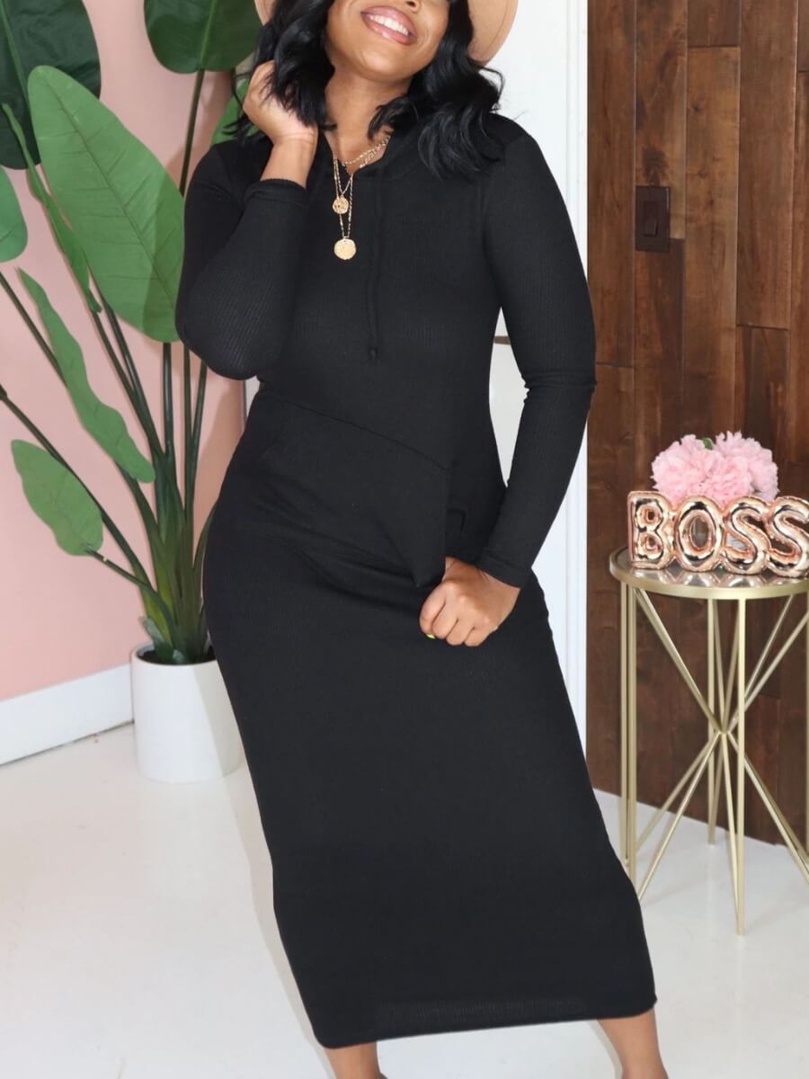 

Lovely Casual Hooded Collar Long Sleeve Black Ankle Length Dress