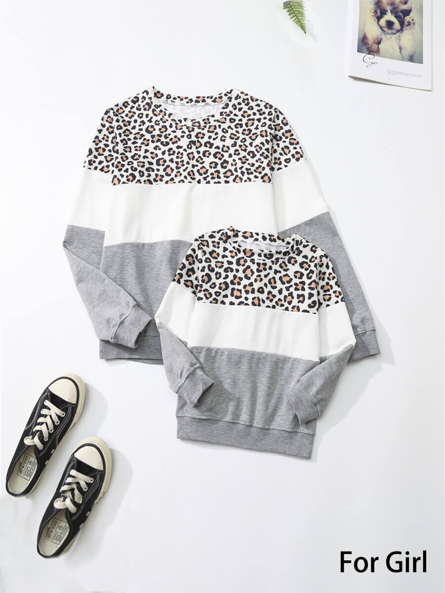 

Lovely Family O Neck Leopard Print Patchwork Girl Hoodie, Girls