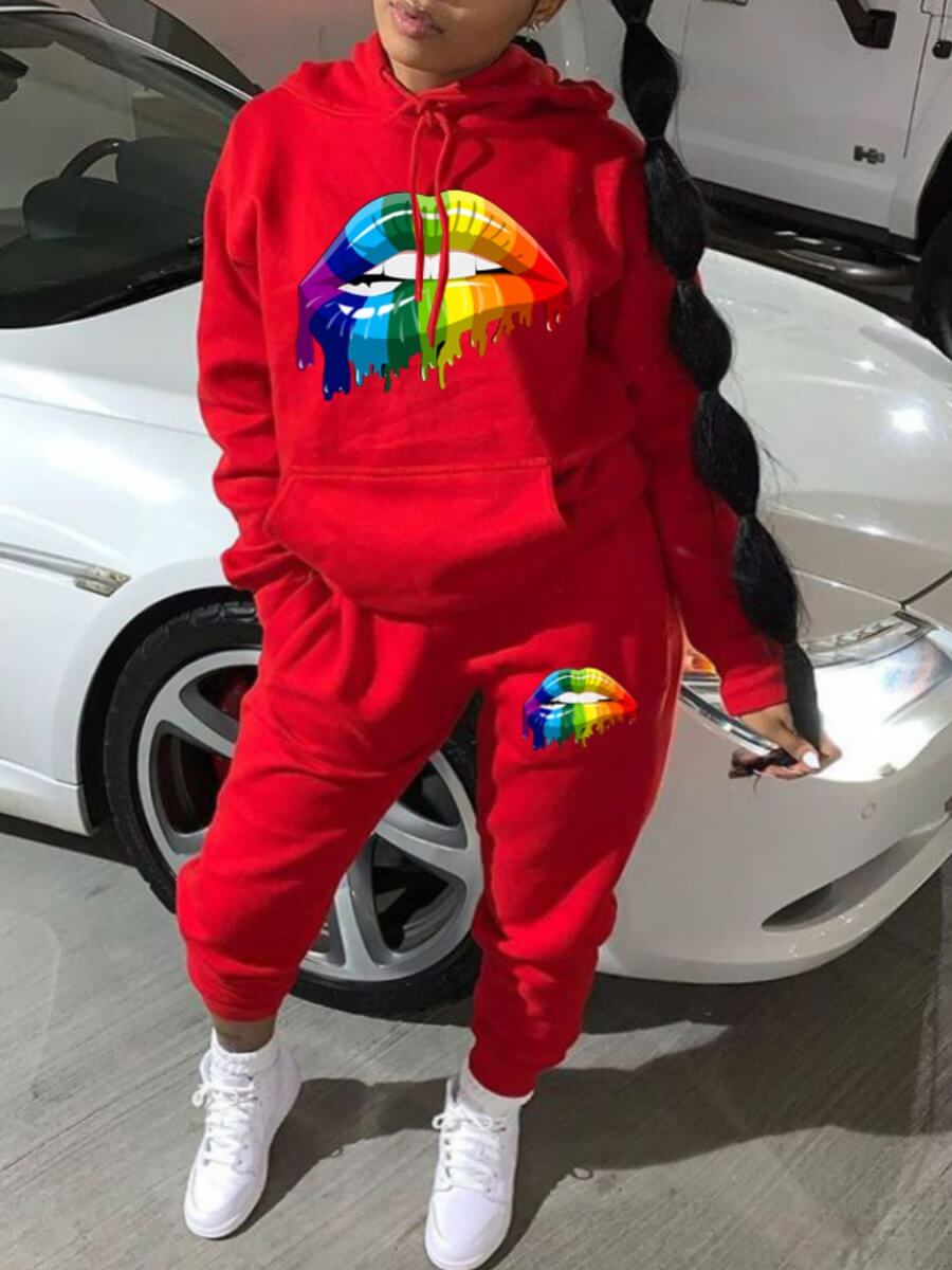 

LW Casual Hooded Collar Long Sleeve Lip Print Red Two Piece Pants Set
