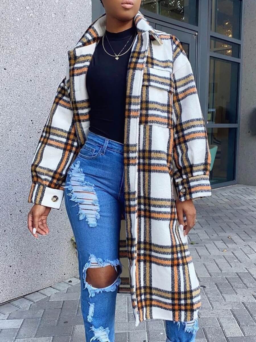 

Lovely Trendy Turndown Collar Grid Print Yellow Long Trench Coat