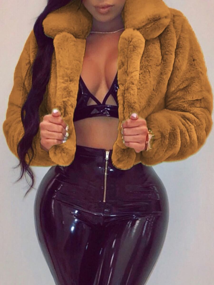 

Lovely Stylish Turndown Collar Basic Brown Faux Fur