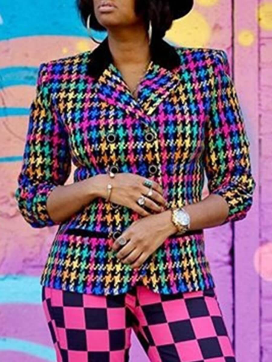 

Lovely Street Turndown Collar Grid Print Multicolor Blazer, Multi