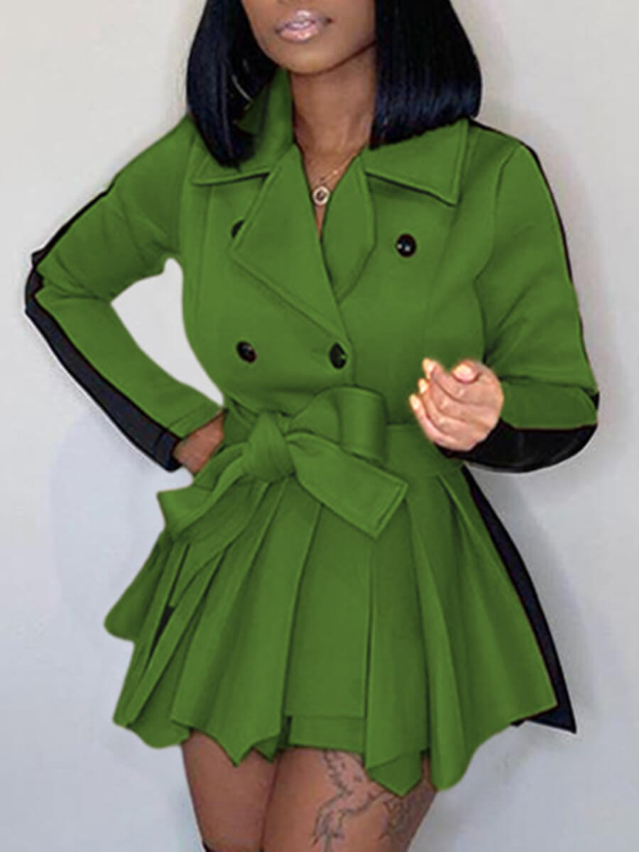 

Lovely Trendy Turndown Collar Patchwork Fold Design Green Coat(With Belt