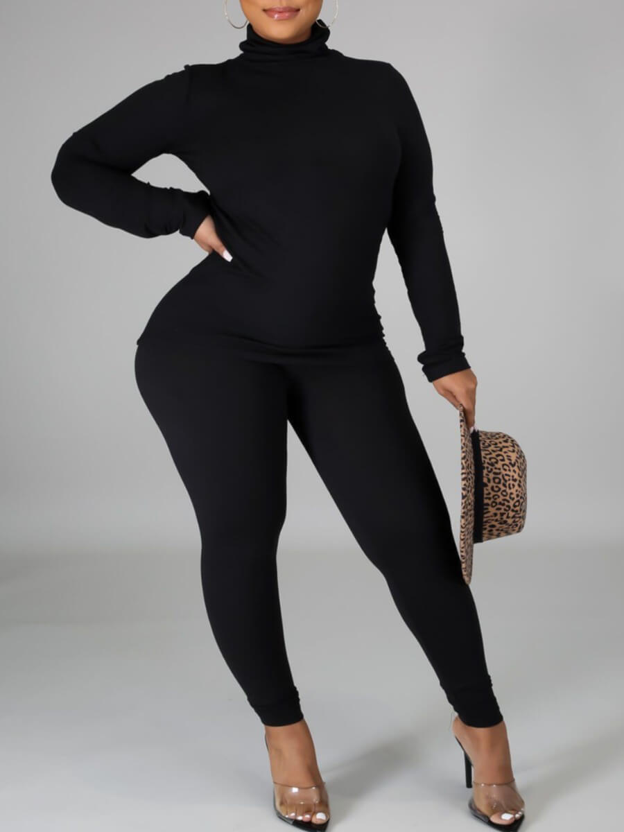 

Lovely Casual Turtleneck Basic Skinny Black Two Piece Pants Set