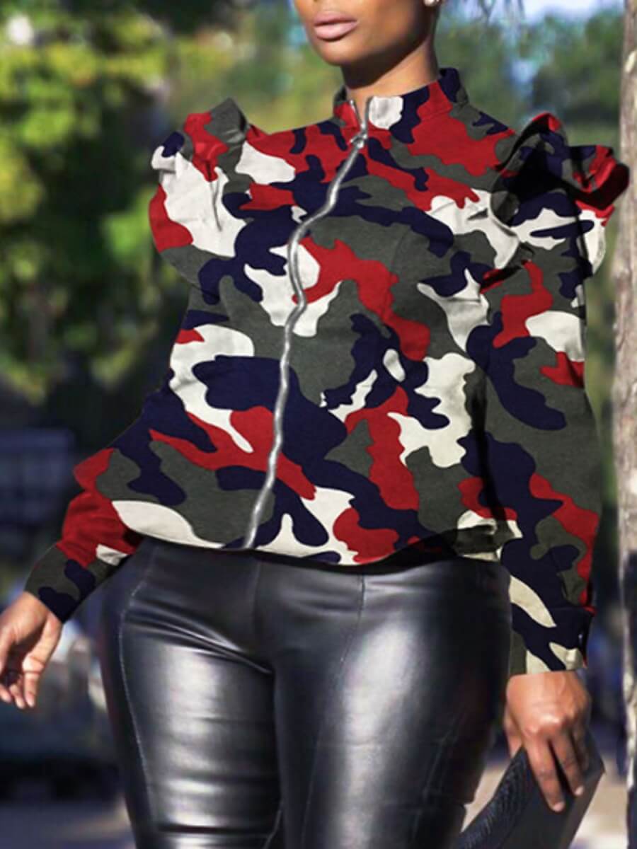 

Lovely Casual Camo Print Wine Red Plus Size Coat