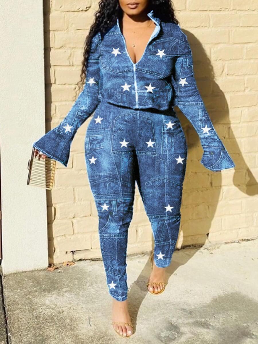 

Lovely Trendy Turndown Collar Pentagram Print Blue Plus Size Two-piece Pants Set