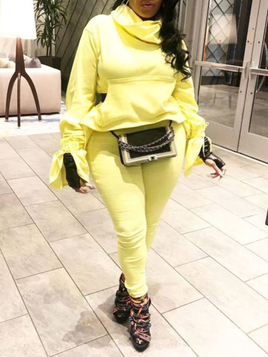 

Lovely Trendy Turtleneck Fold Design Yellow Plus Size Two-piece Pants Set