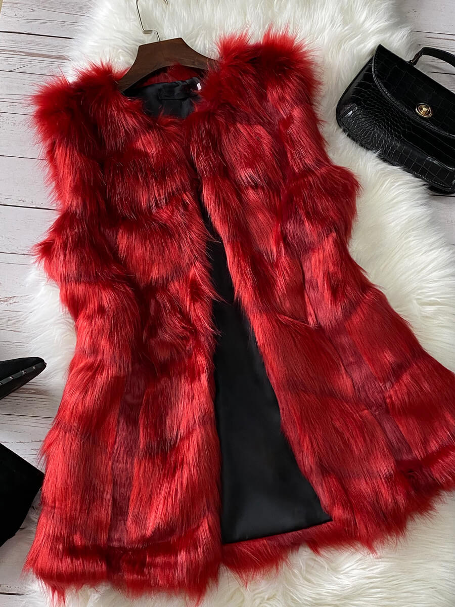 

Lovely Stylish Sleeveless Wine Red Faux Fur