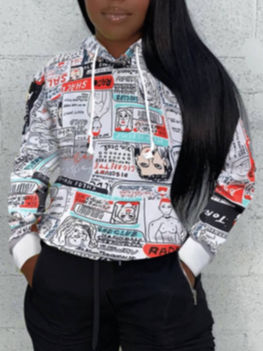 

Lovely Street Hooded Collar Print White Hoodie