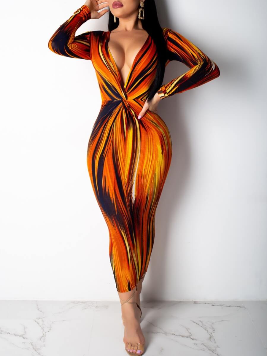 

Lovely Bohemian Deep V Neck Tie-dye Croci Mid Calf Dress