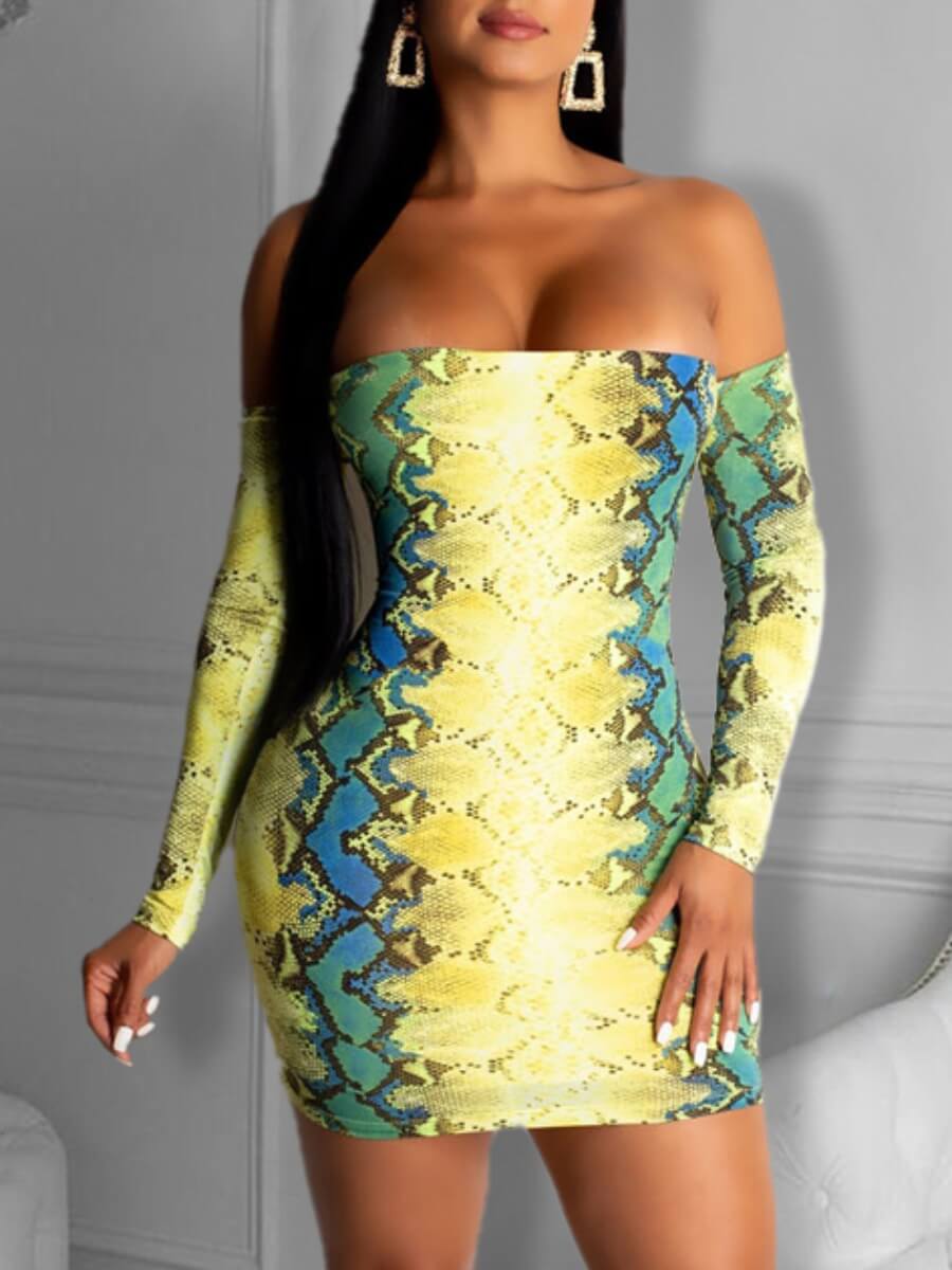 

Lovely Sexy Dew Shoulder Print Yellow Mini Dress