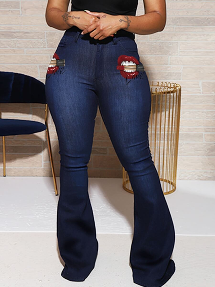 

Lovely Sexy Lip Print Deep Blue Jeans