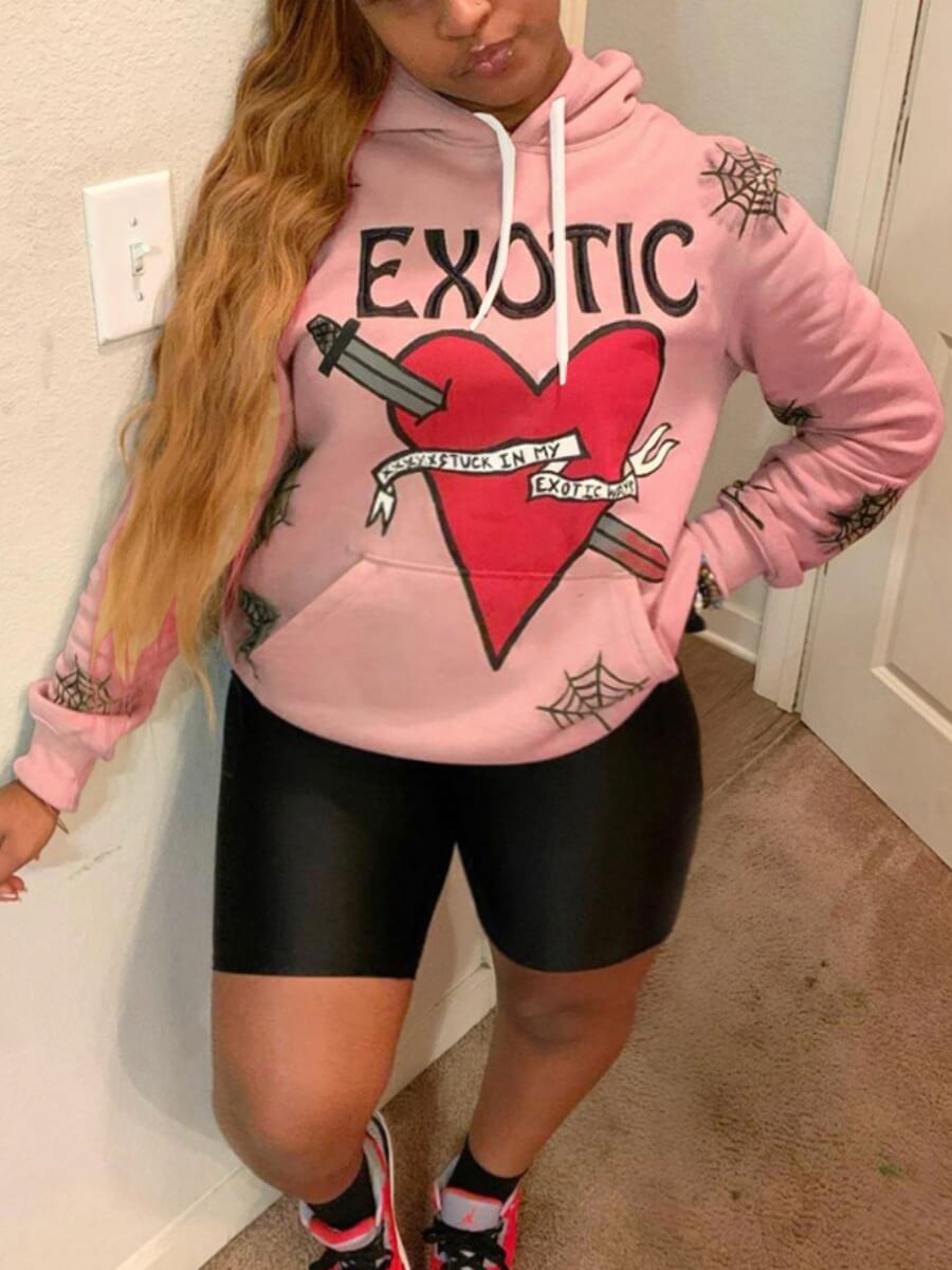 

Lovely Stylish Hooded Collar Print Pink Plus Size Hoodie