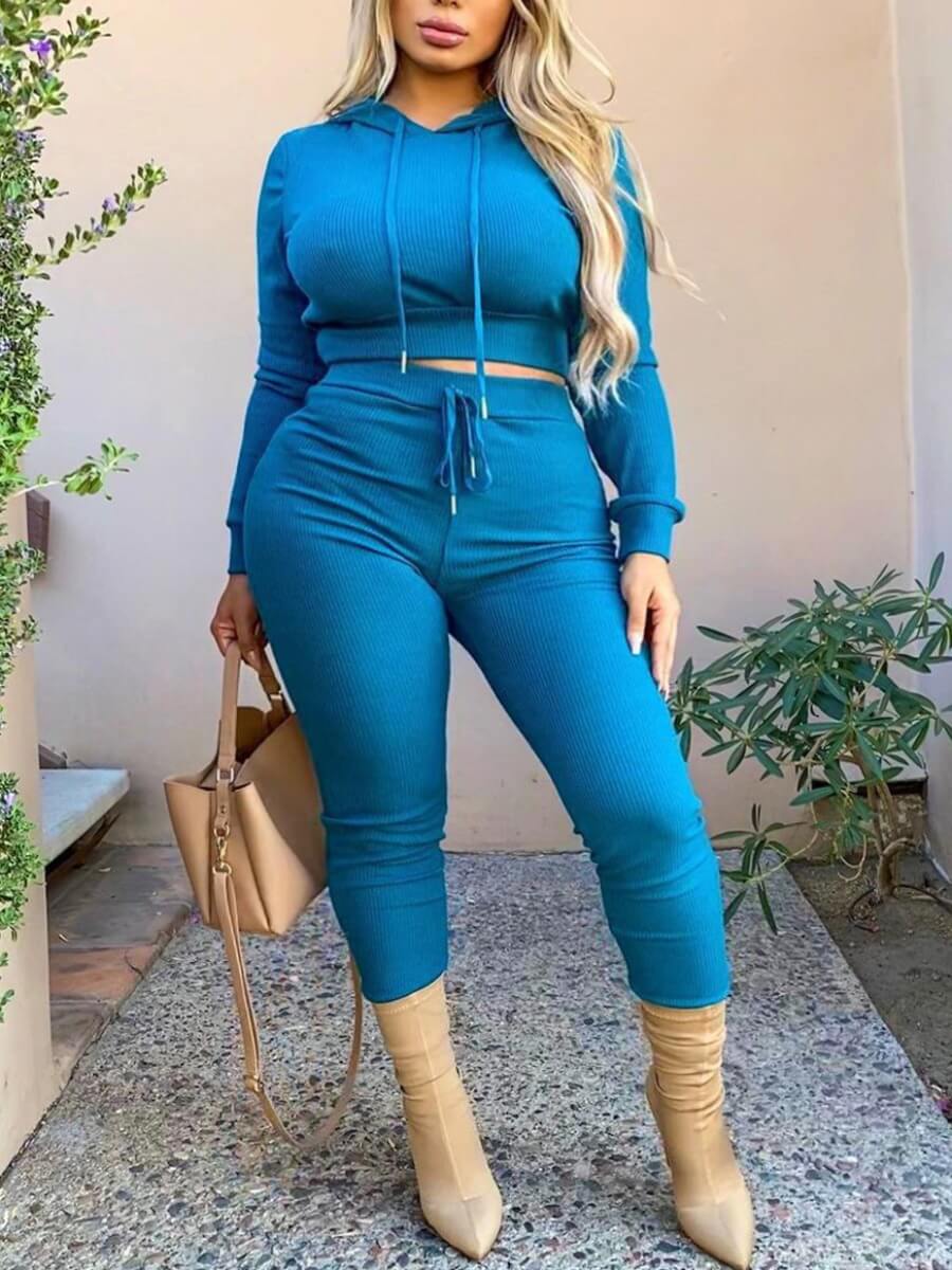 

Lovely Casual Hooded Collar Drawstring Design Blue Two Piece Pants Set