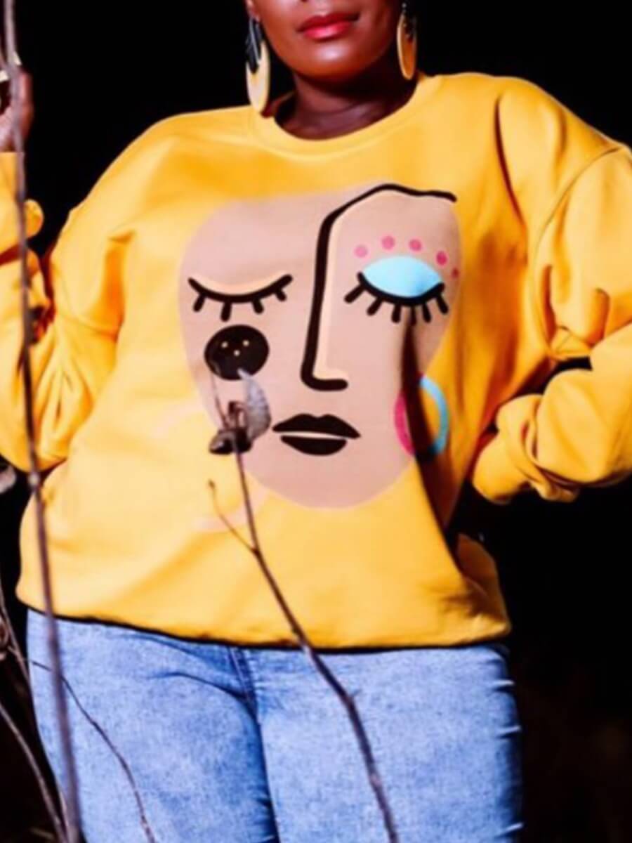 

Lovely Leisure O Neck Print Yellow Plus Size Hoodie