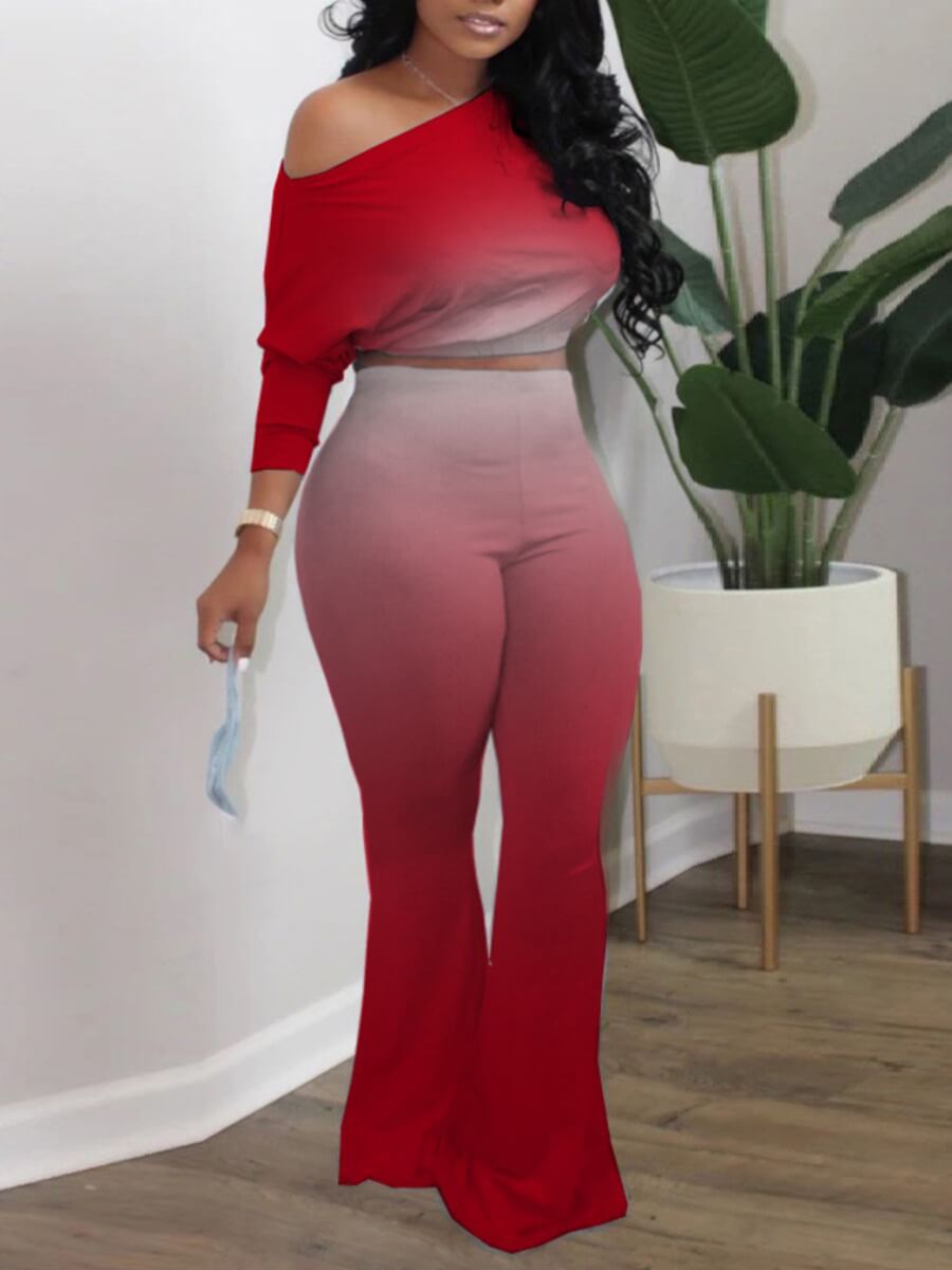 

Lovely Casual One Shoulder Gradient Red Plus Size Two-piece Pants Set
