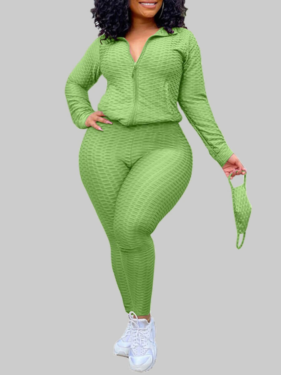 

Lovely Casual Turndown Collar Zipper Design Green Plus Size Two-piece Pants Set