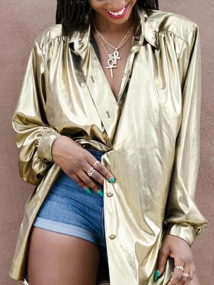 

Lovely Trendy Basic Loose Long Sleeve Gold Blouse