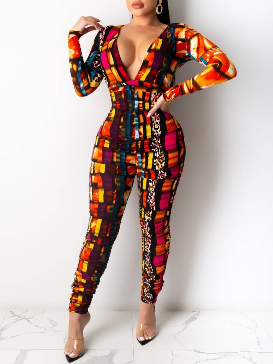 

Lovely Sexy Deep V Neck Print Multicolor One-piece Jumpsuit, Multi