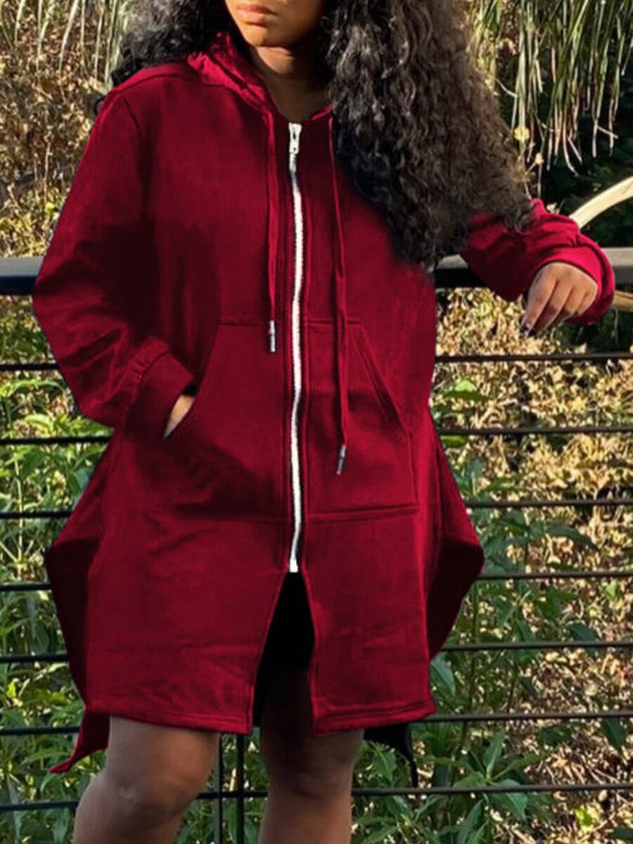 

Lovely Casual Hooded Collar Zipper Design Wine Red Hoodie