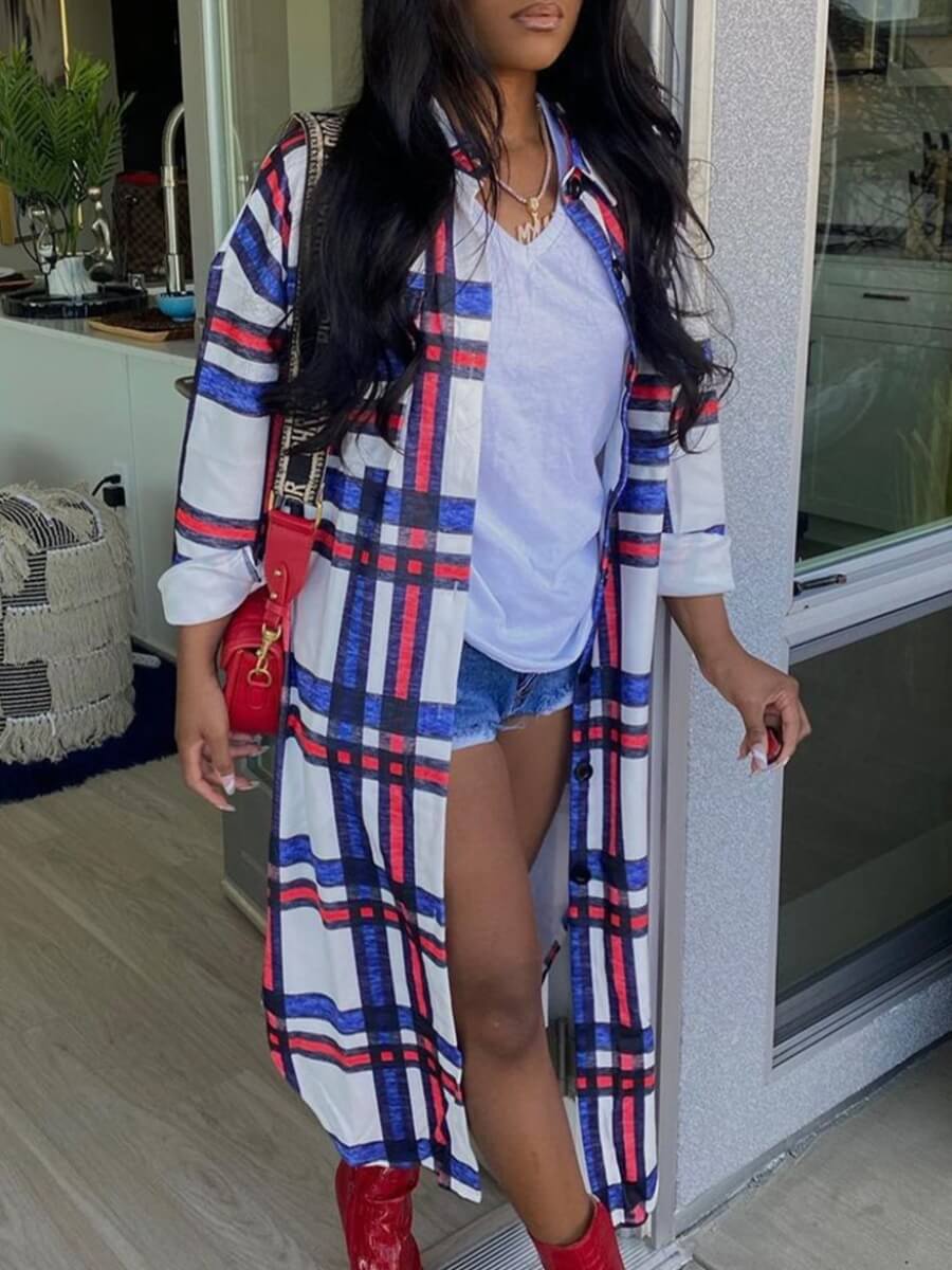 

Lovely Casual Turndown Collar Grid Print White Long Trench Coat