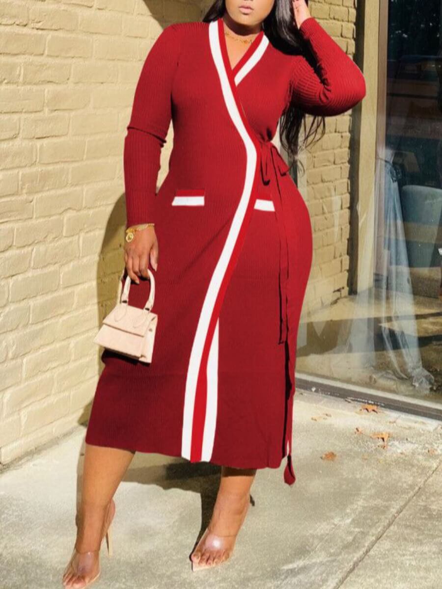 

Lovely Casual V Neck Patchwork Lace-up Red Coat