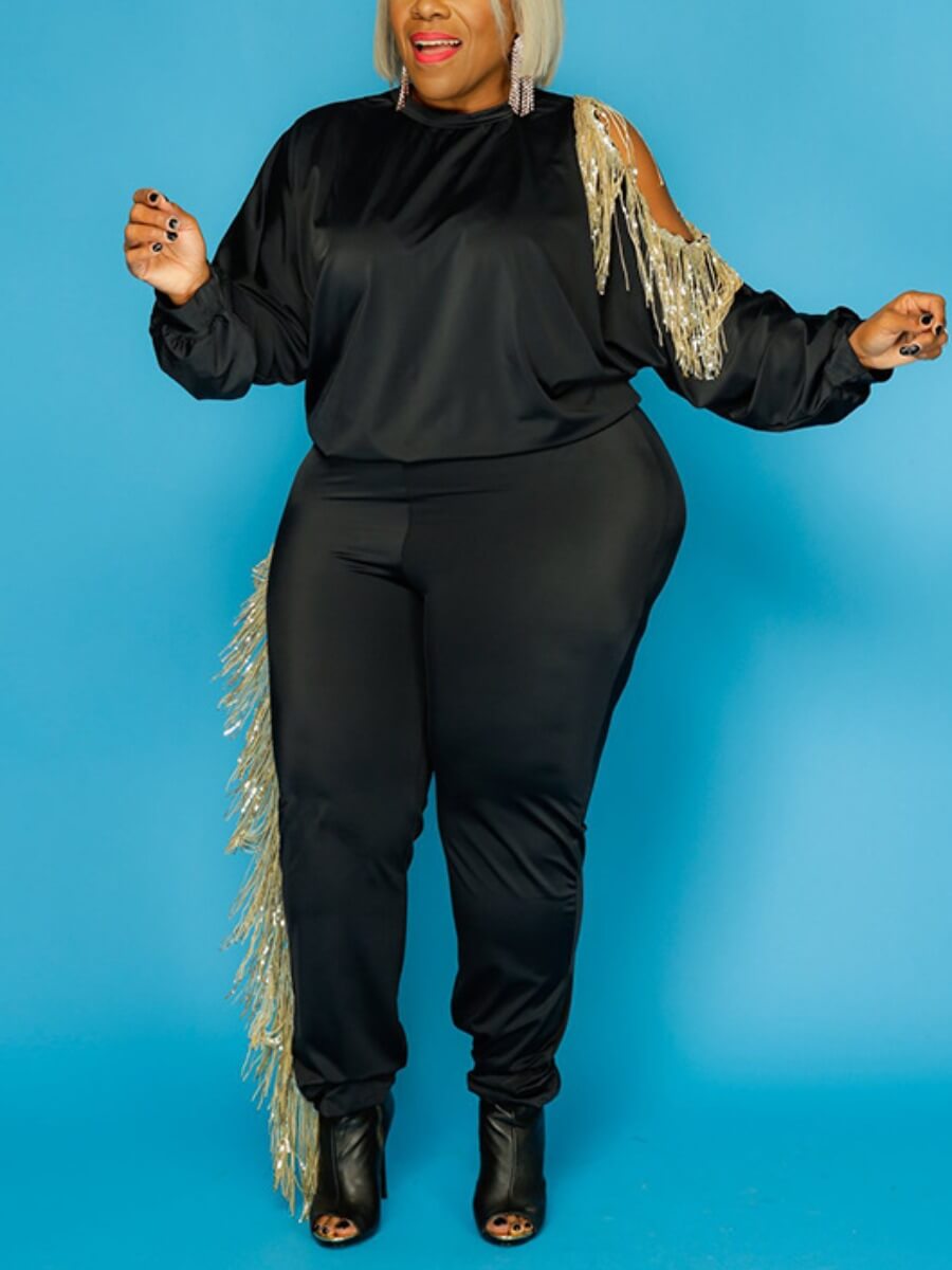 

Lovely Casual Hollow-out Tassel Design Black Plus Size Two-piece Pants Set