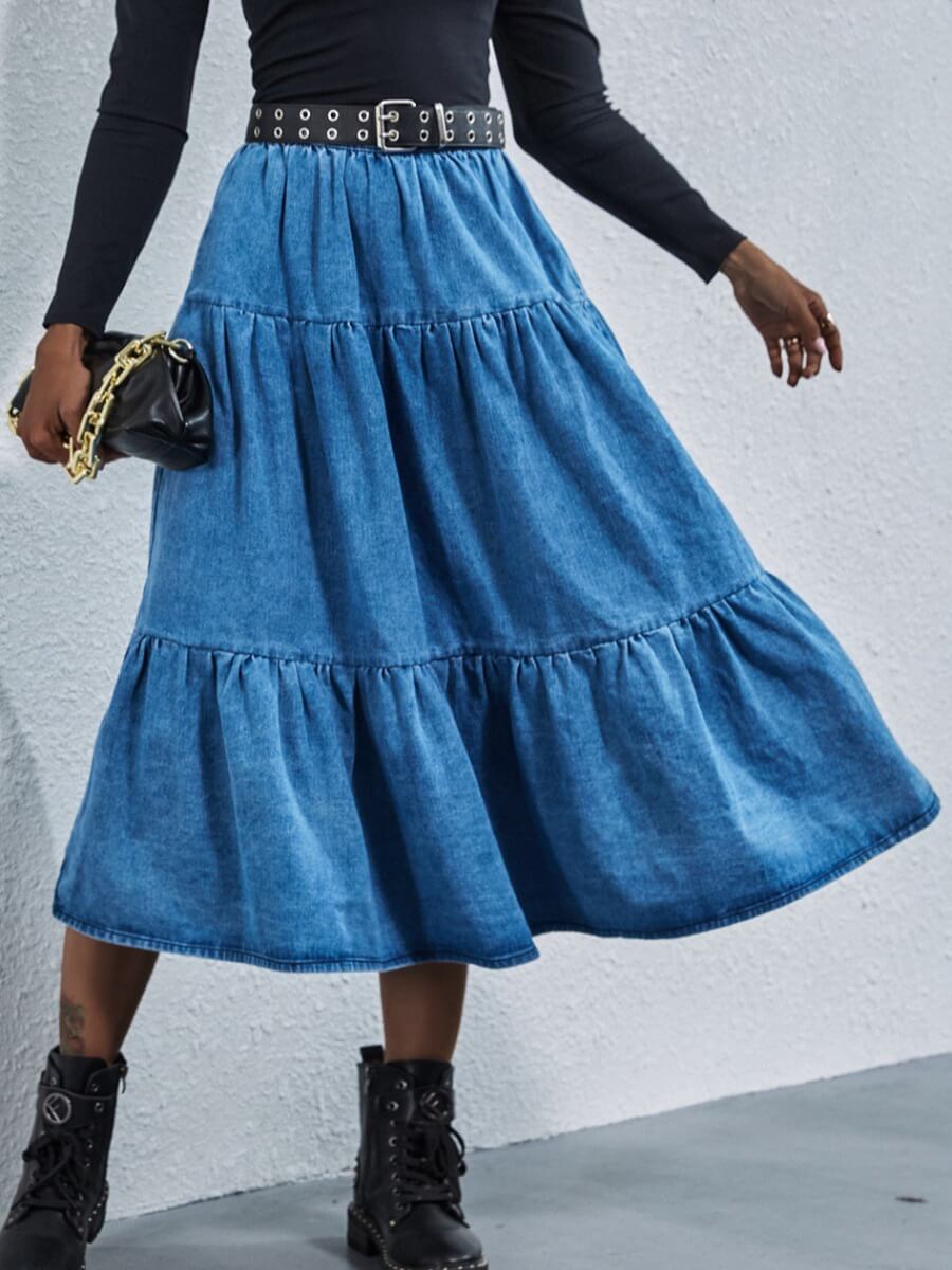 

Lovely Sweet Fold Design Blue Denim Skirt