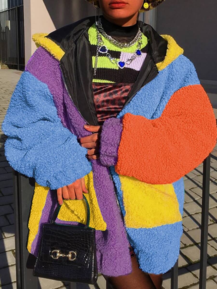 

Lovely Stylish Color-lump Patchwork Multicolor Faux Fur, Multi